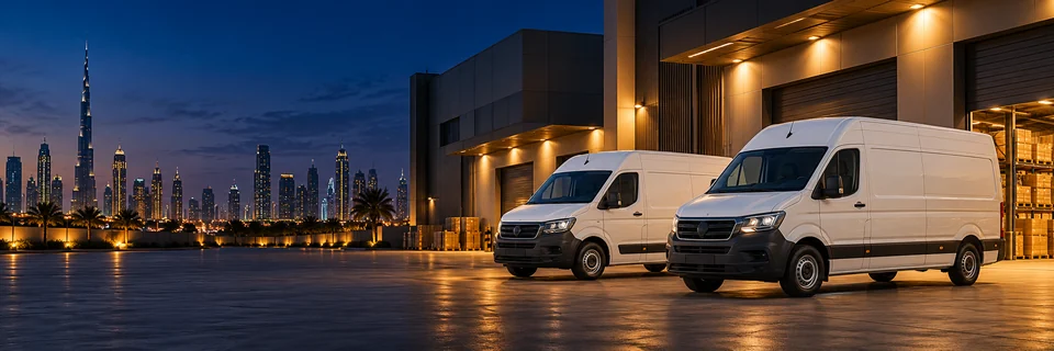 Delivery vans at a logistics courtyard at blue hour
